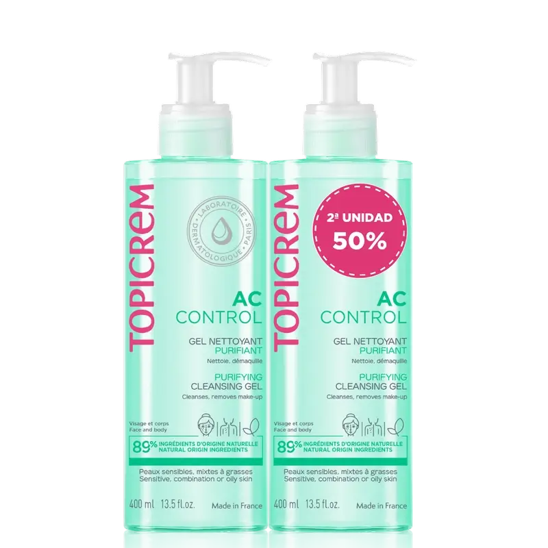 Topicrem Ac Control Duo Pack Gel Purifiant 400 Ml 2ème Unité 50%.