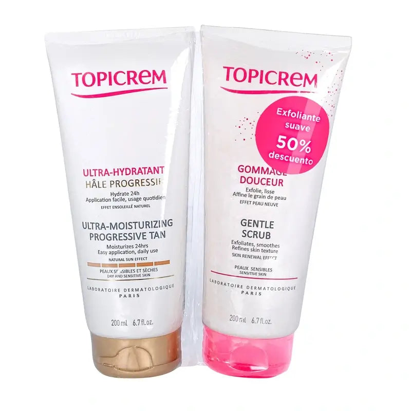 Topicrem Pack bronzage progressif ultra hydratant 200 ml + gommage 200 ml