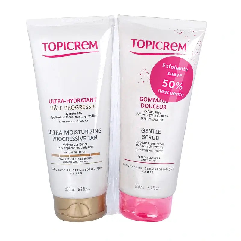 Topicrem Pack bronzage progressif ultra hydratant 200 ml + gommage 200 ml