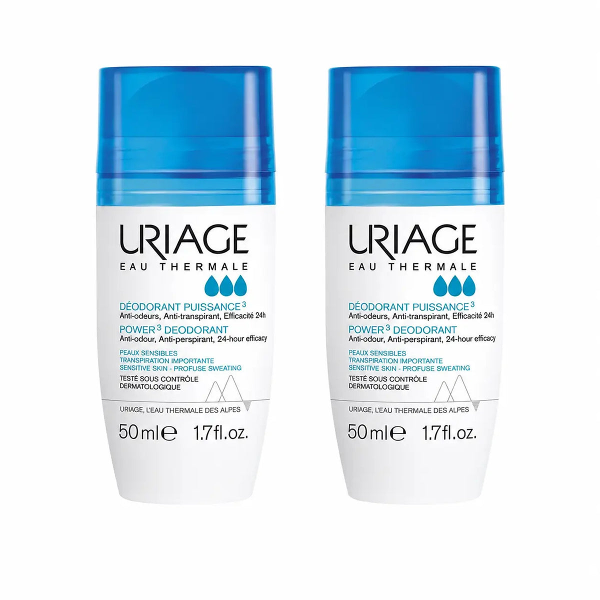 Uriage Déodorant Triactif 50 ml, efficacité 24 h, lot de 2