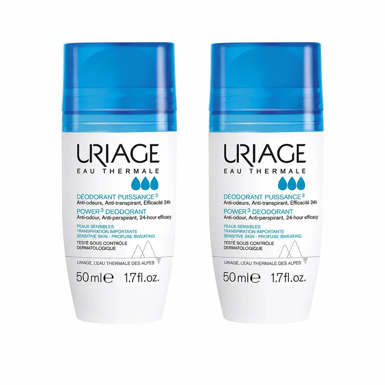 Uriage Déodorant Triactif 50 ml, efficacité 24 h, lot de 2