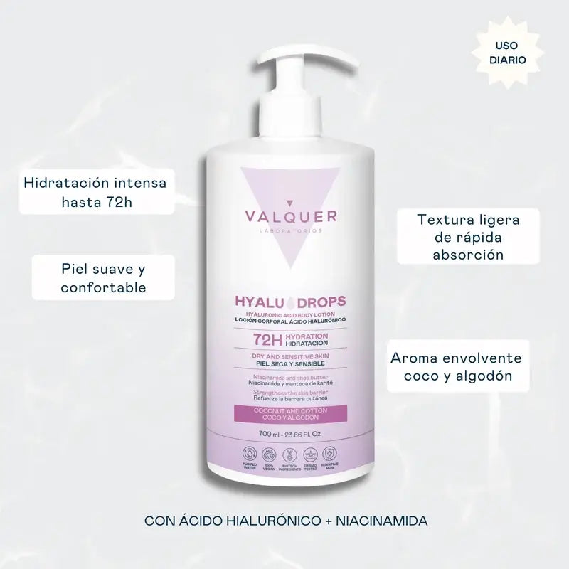 Valquer Hyaludrops Lotion corporelle à la noix de coco et au coton, 72 h d'hydratation, 700 ml