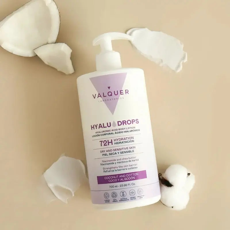 Valquer Hyaludrops Lotion corporelle à la noix de coco et au coton, 72 h d'hydratation, 700 ml