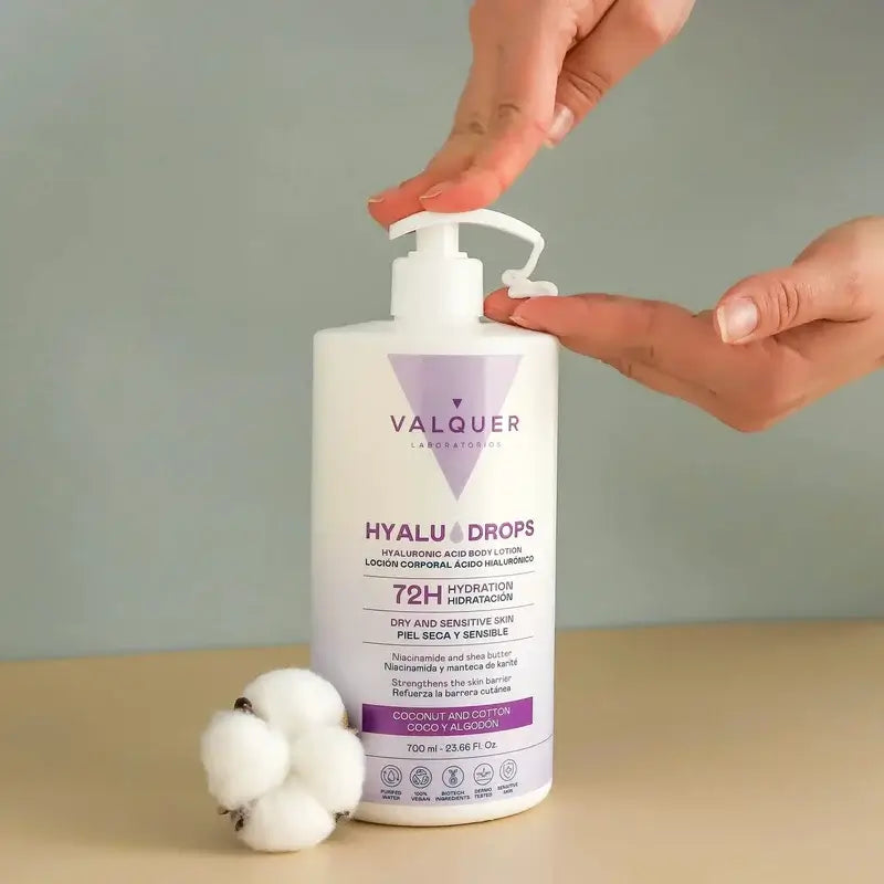 Valquer Hyaludrops Lotion corporelle à la noix de coco et au coton, 72 h d'hydratation, 700 ml