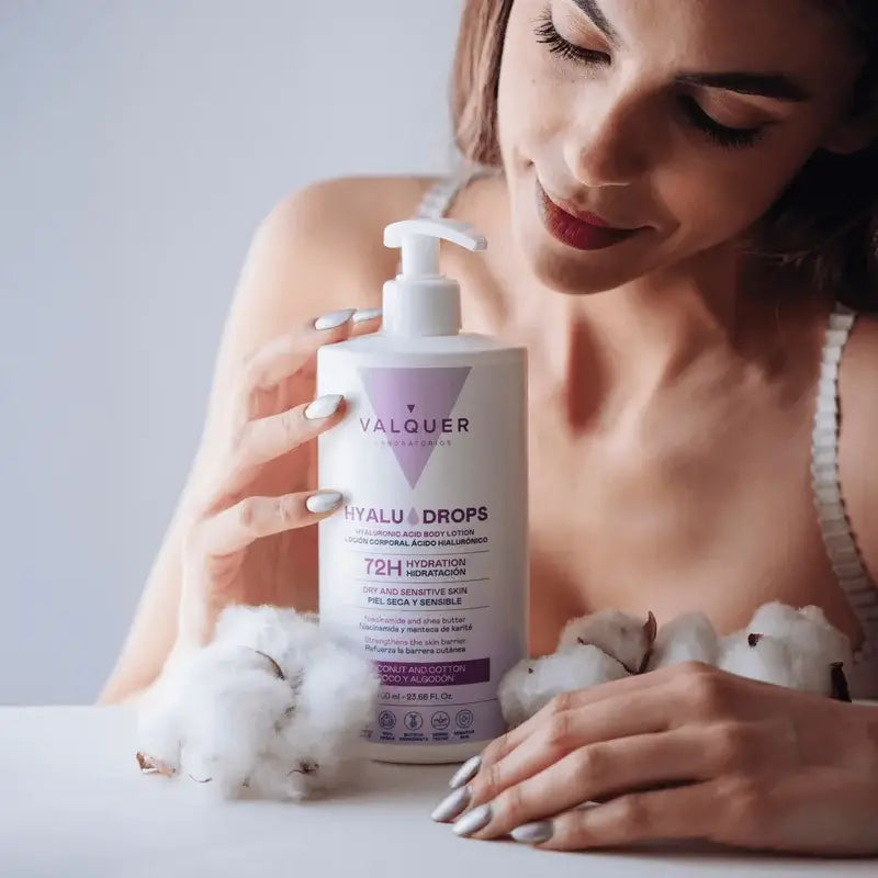Valquer Hyaludrops Lotion corporelle à la noix de coco et au coton, 72 h d'hydratation, 700 ml