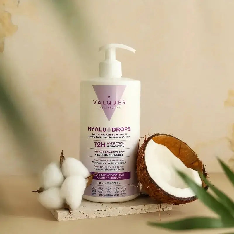 Valquer Hyaludrops Lotion corporelle à la noix de coco et au coton, 72 h d'hydratation, 700 ml