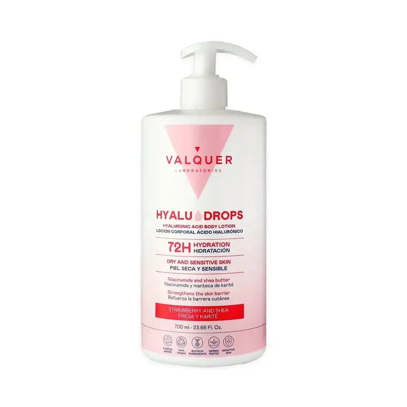 Valquer Hyaludrops Lotion corporelle à la fraise et au karité, 72 h d'hydratation, 700 ml