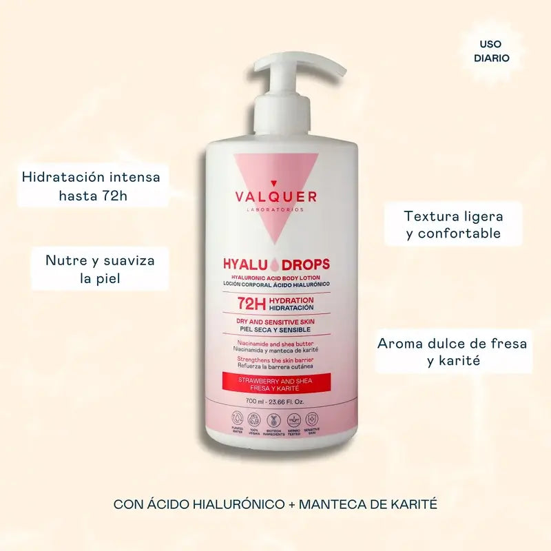 Valquer Hyaludrops Lotion corporelle à la fraise et au karité, 72 h d'hydratation, 700 ml