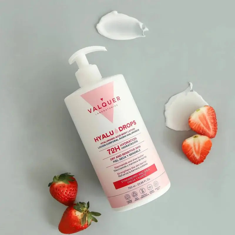 Valquer Hyaludrops Lotion corporelle à la fraise et au karité, 72 h d'hydratation, 700 ml