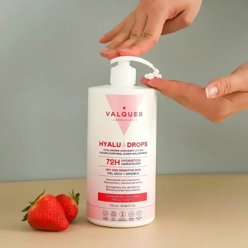 Valquer Hyaludrops Lotion corporelle à la fraise et au karité, 72 h d'hydratation, 700 ml