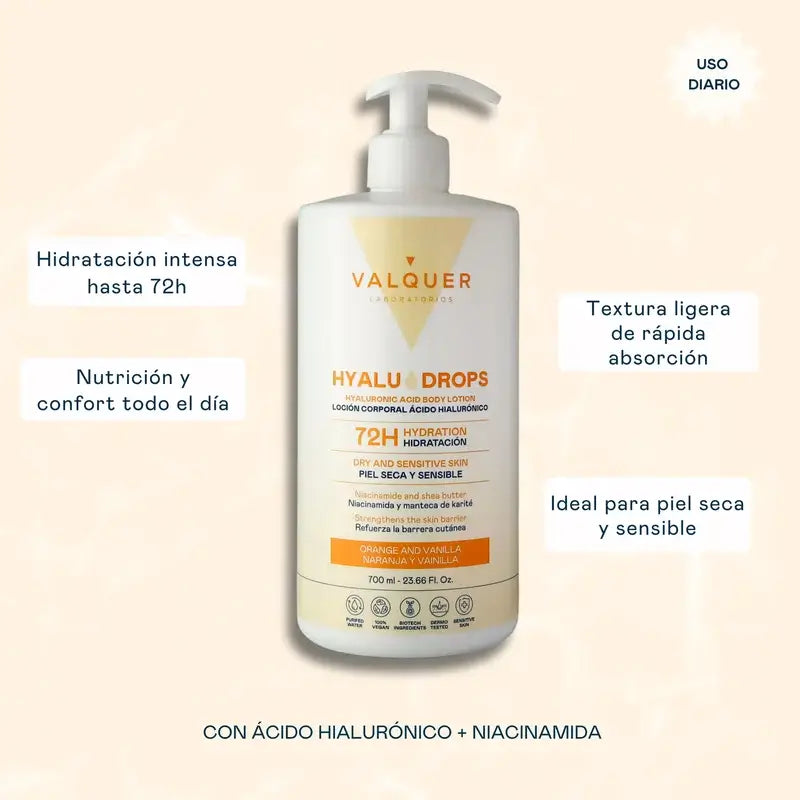 Valquer Hyaludrops Lotion corporelle à l'orange et à la vanille, hydratation 72 h, 700 ml