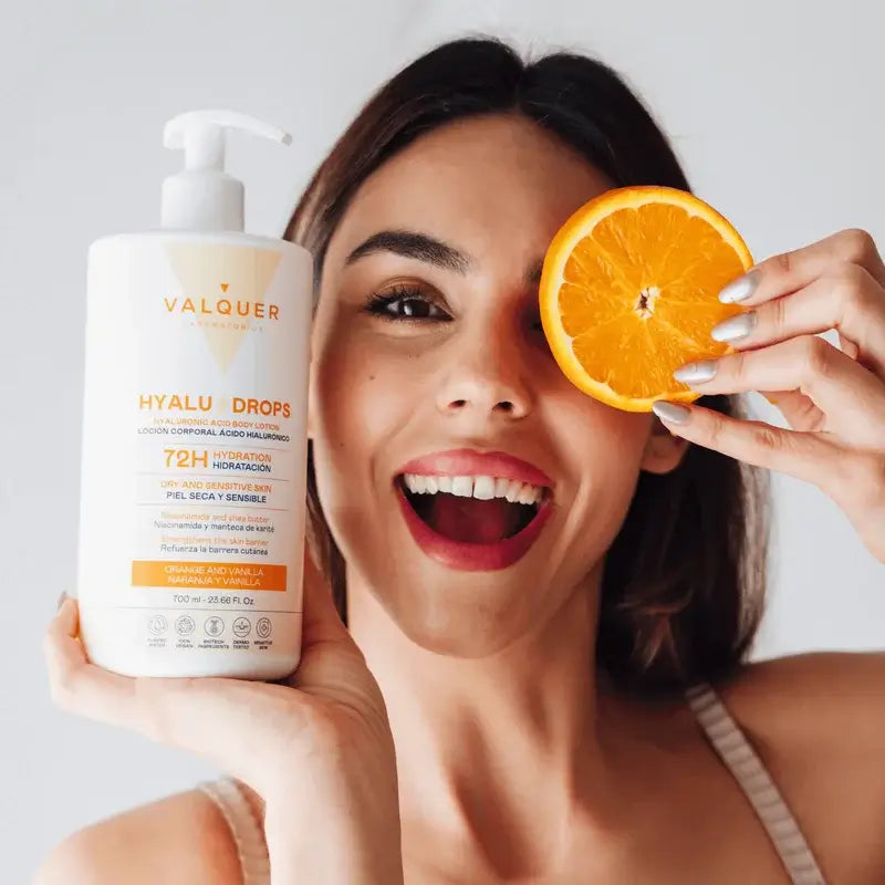 Valquer Hyaludrops Lotion corporelle à l'orange et à la vanille, hydratation 72 h, 700 ml