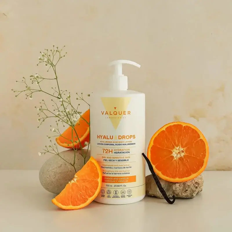 Valquer Hyaludrops Lotion corporelle à l'orange et à la vanille, hydratation 72 h, 700 ml