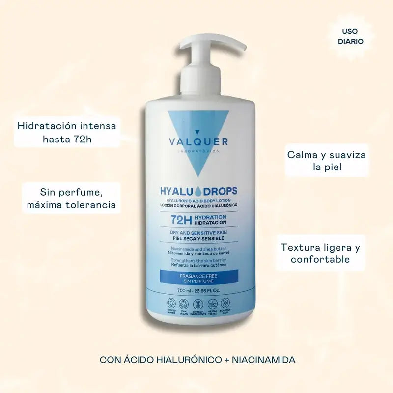 Valquer Hyaludrops Lotion corporelle sans parfum, hydratation 72 h, 700 ml