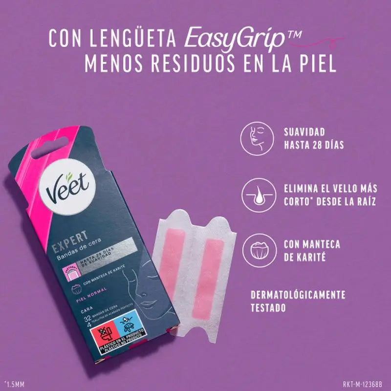 Veet Expert Beurre de Karité Bandes de cire froide pour le visage. 32 unités