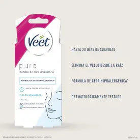 Veet Pure Bandes de cire froide dépilatoire pour l'épilation du visage, 40 bandes