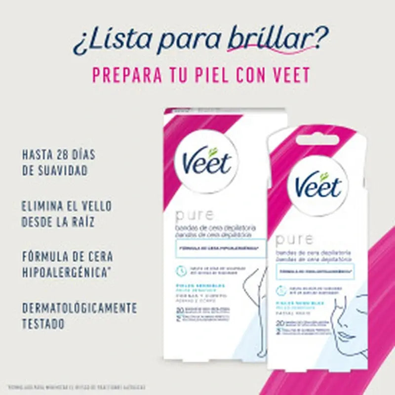Bandes de cire épilatoire VEET Pure Toilet Bag (20 visage + 20 corps)