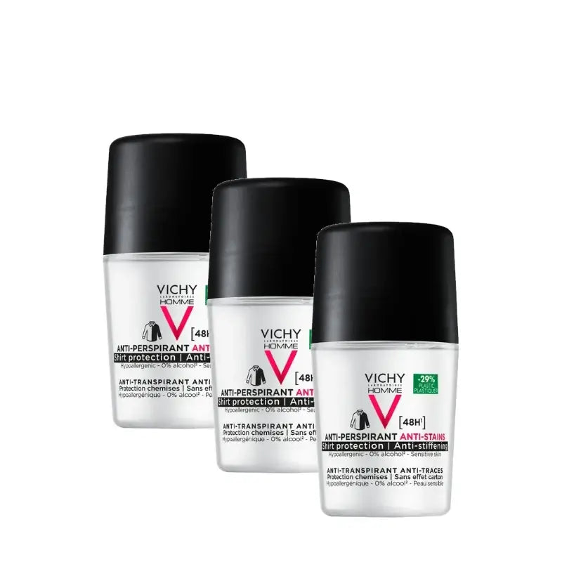 Vichy Homme Déodorant 48 h anti-transpirant et anti-taches, roll-on, 50 ml, lot de 3