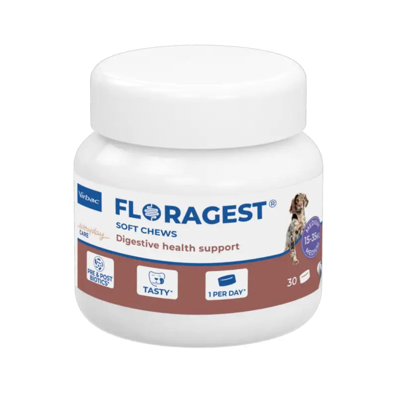 Virbac Floragest® Soft Chews - Complément alimentaire digestif pour chiens de taille moyenne, 1 boîte de 30 comprimés à mâcher