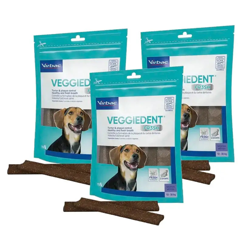 Virbac Veggiedent Fr3sh M, Snacks dentaires pour chiens de race moyenne, paquet de 3 unités