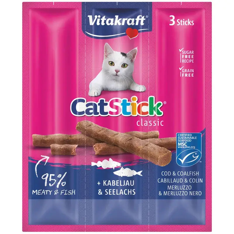 Vitakraft Cat Stick Mini au cabillaud et au thon, 20 x 3 unités