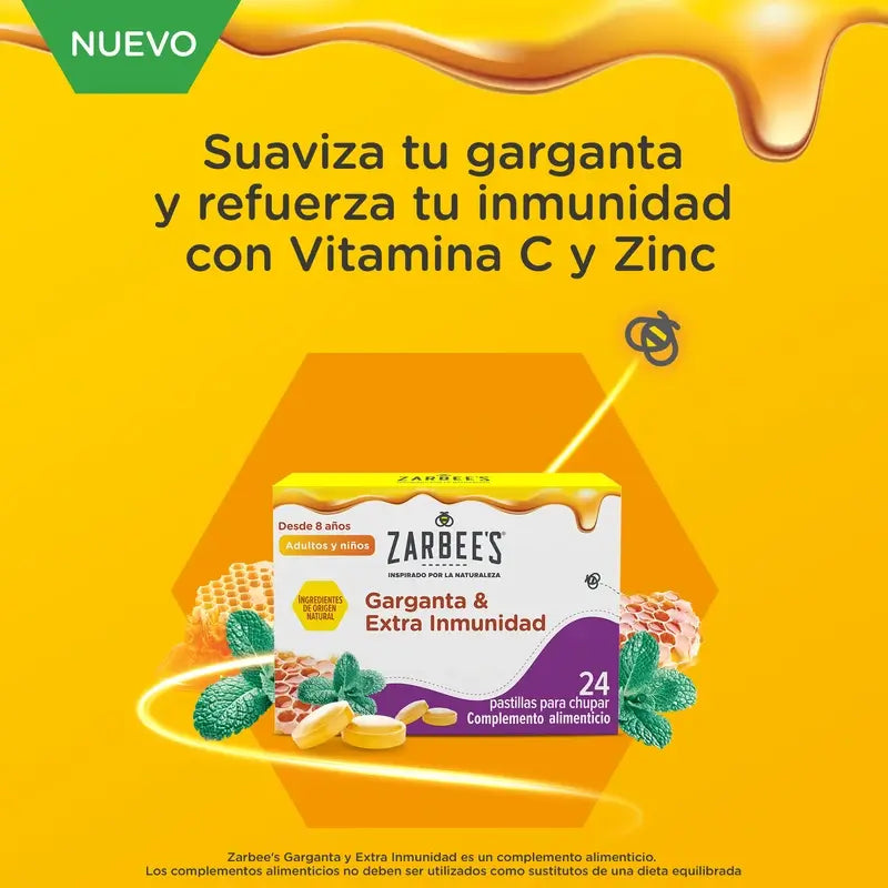 Zarbee's Throat & Immunity 24 pastilles avec miel, menthe, zinc et vitamine D