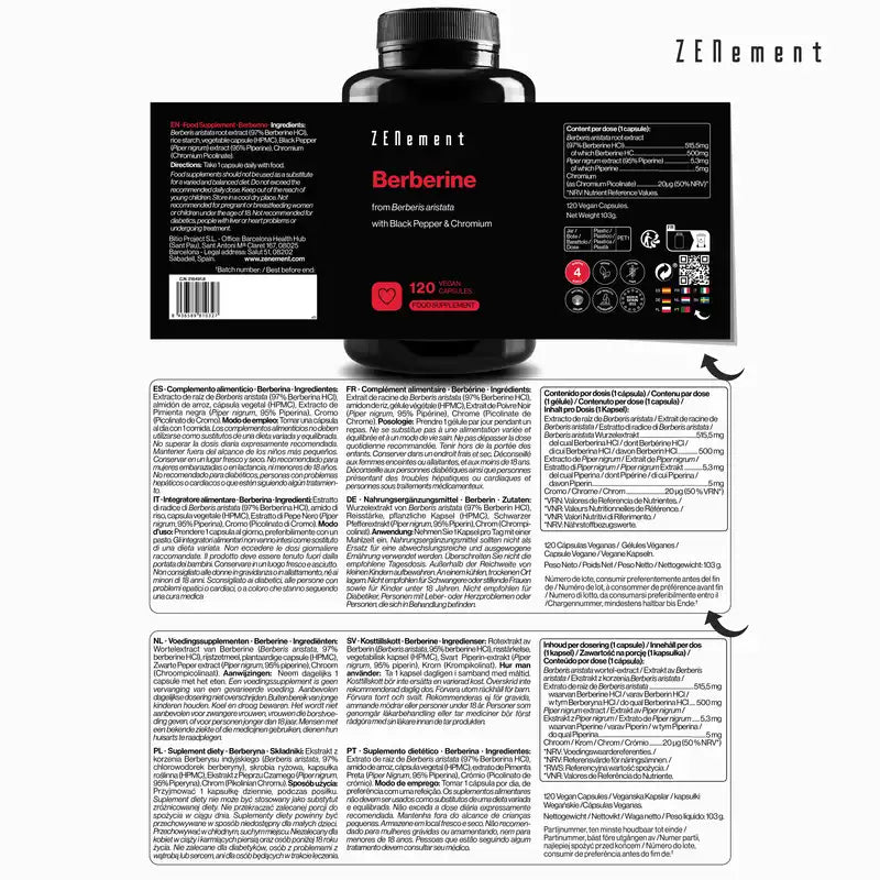 Zenement Berberine avec Poivre Noir et Chrome, 120 gélules végétaliennes