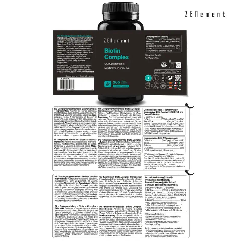 Zenement Biotin Complex With Selenium And Zinc, 365 comprimés végétaliens