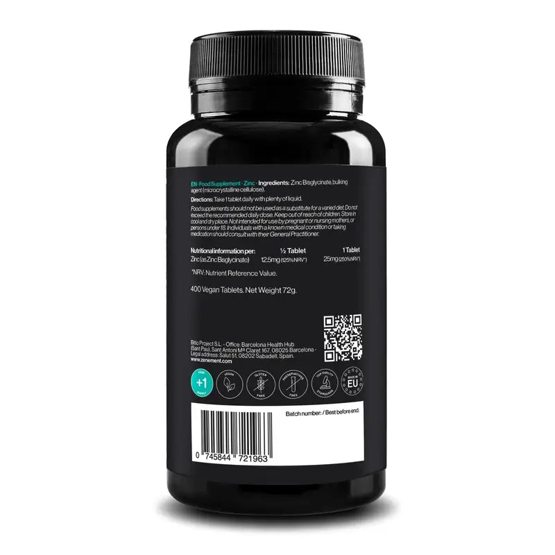 Zenement Zinc Bisglycinate, 400 comprimés végétaliens