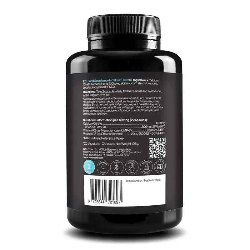 Zenement Calcium Citrate Vitamine D3 & K2, 120 gélules végétales