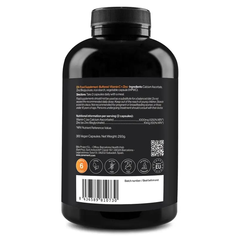 Zenement Vitamine C tamponnée + Zinc, 365 gélules végétaliennes