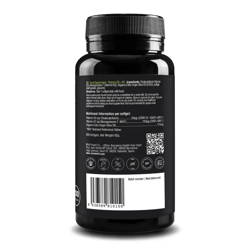 Zenement Vitamine D3 + K2, 2000 Ui ET 150 µg Mk-7, 200 softgels